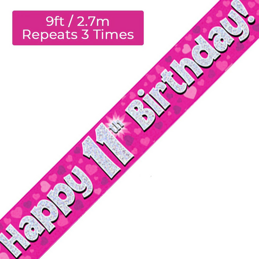 Age 11 Pink Holographic 9ft Birthday Banner