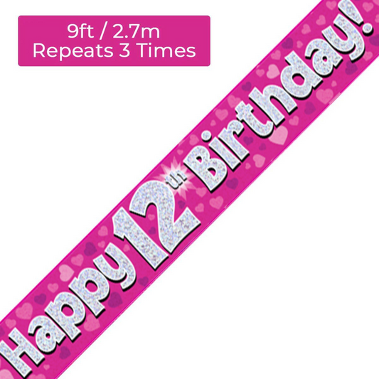 Age 12 Pink Holographic 9ft Birthday Banner