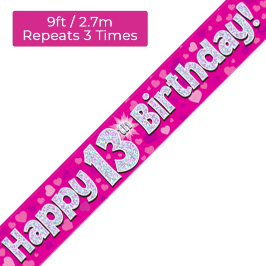 Age 13 Pink Holographic 9ft Birthday Banner