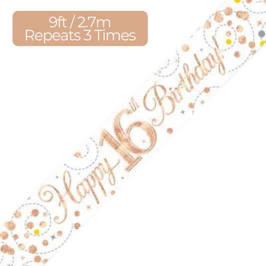 Age 16 Rose Gold Fizz Holographic 9ft Birthday Banner