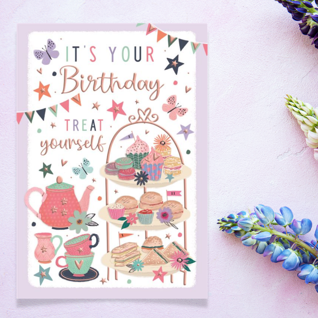 Afternoon Tea Themed Birthday Card Displayed In Full