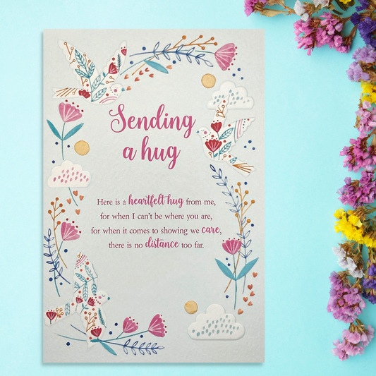 Front image showing floral border, pink text and heartfelt verse