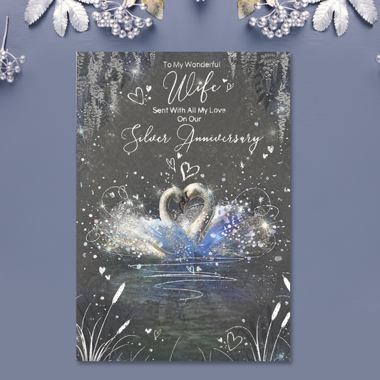 Grey card with two swans embrace and silver hearts