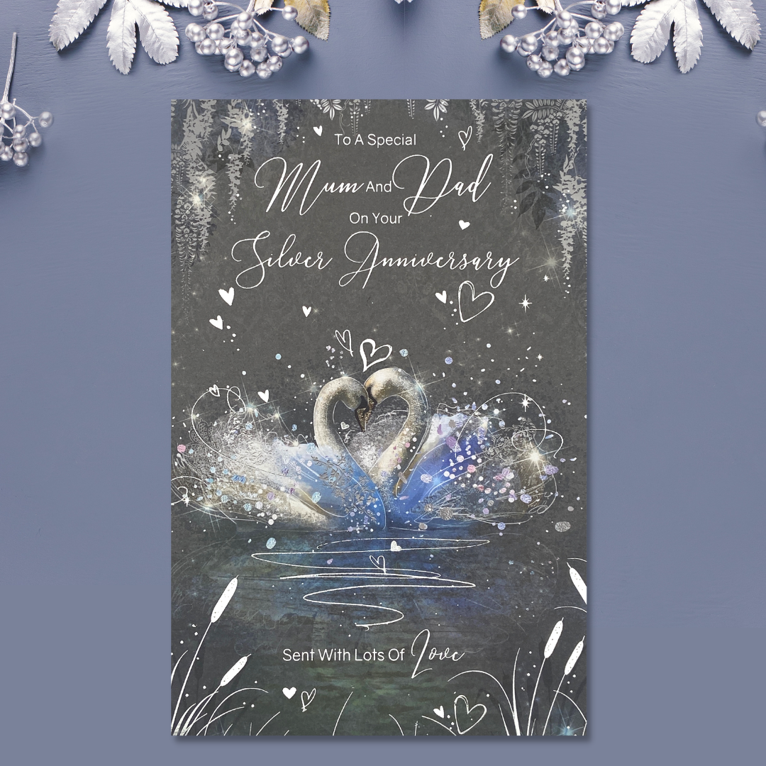 Grey card with two swans embrace & hearts