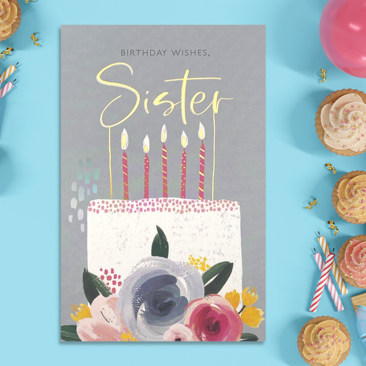 Sister Decorated Cake Birthday Card Displayed In Full