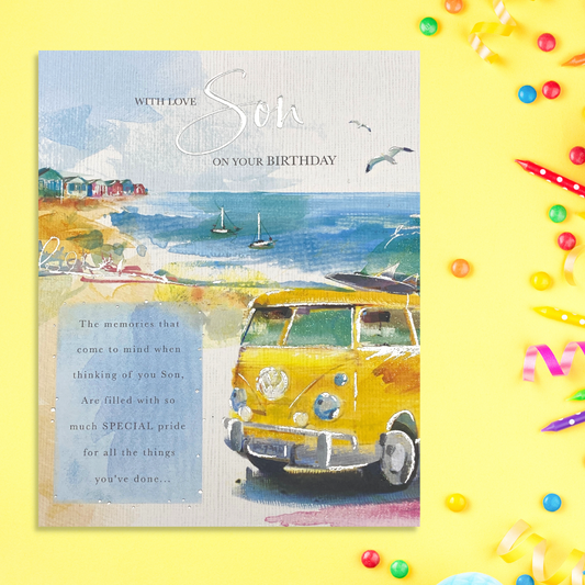 Yellow Campervan Son Birthday Card Displayed In Full