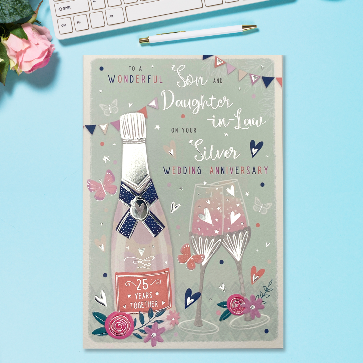 Son & Daughter-In-Law Silver Wedding Anniversary Card - 25th Champagne