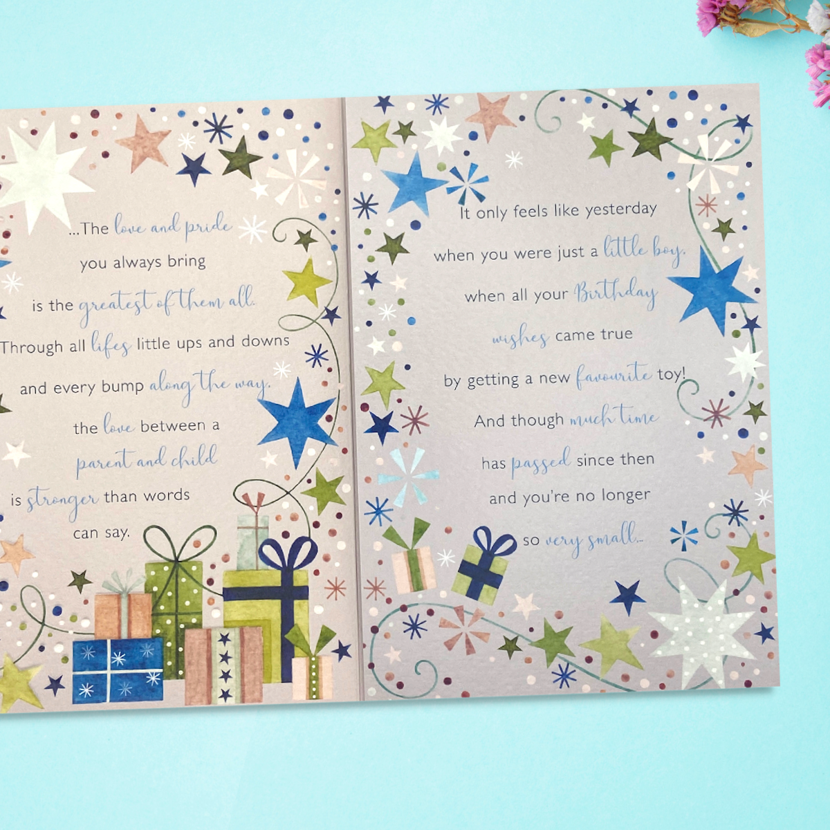 Two further pages with heartfelt verse surrounded by stars and gifts
