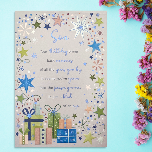 Son card with grey background. blue green theme with stars and gifts around verse