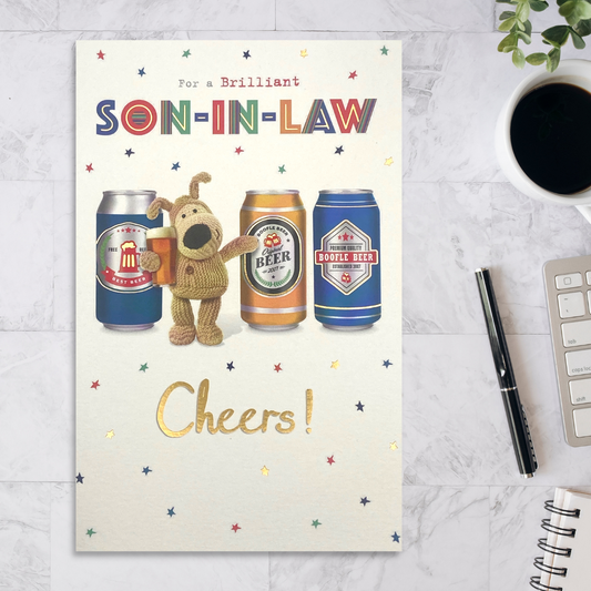 White card with Boofle Bear holding a pint besides three beer cans