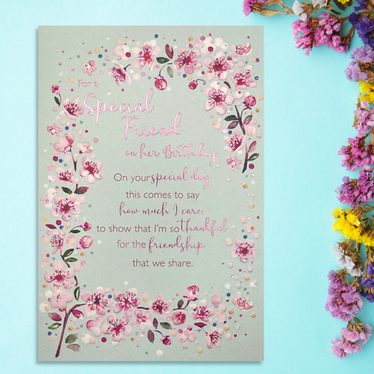 Mint colour card with pink floral border and verse