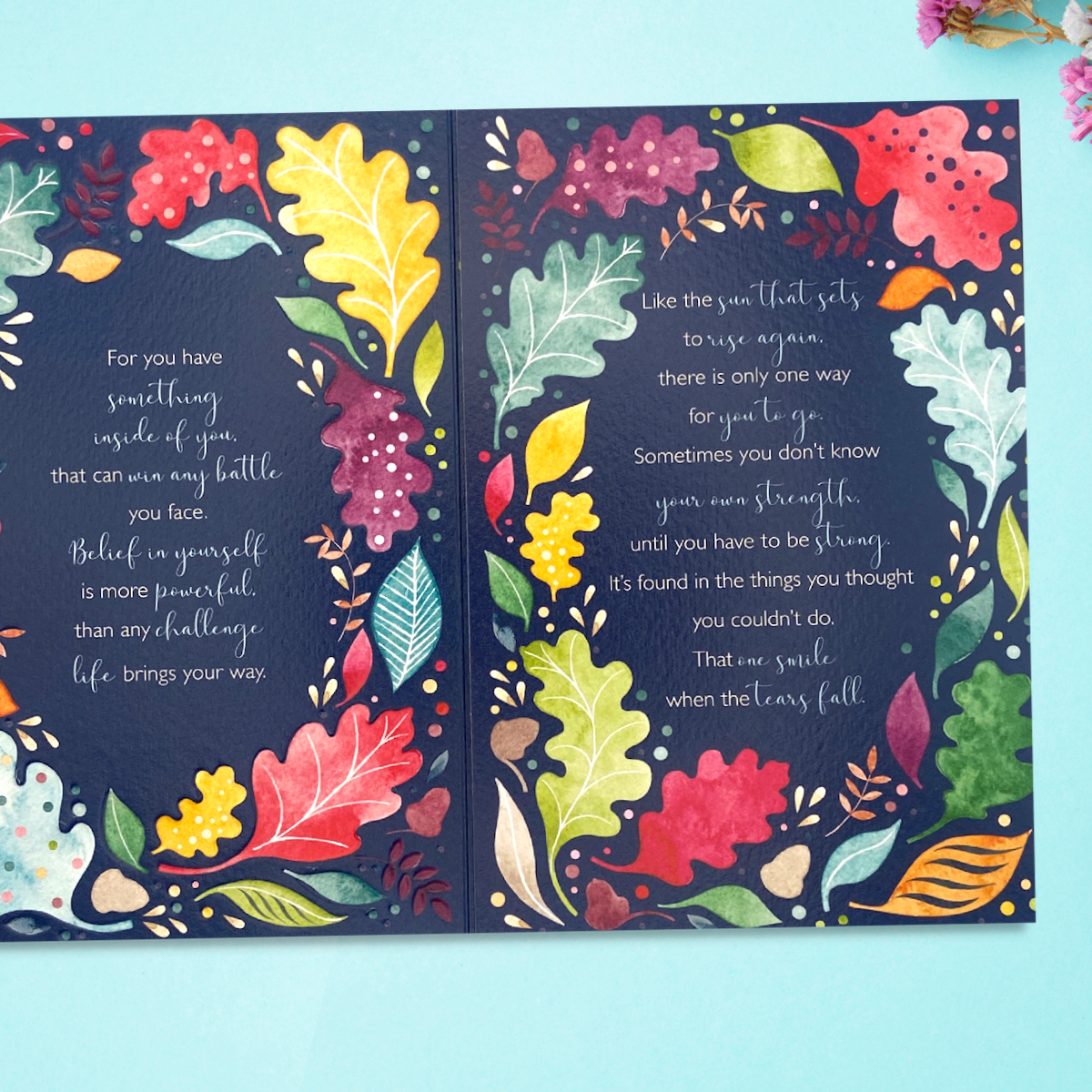 Two inside images with navy background and leaves with verse