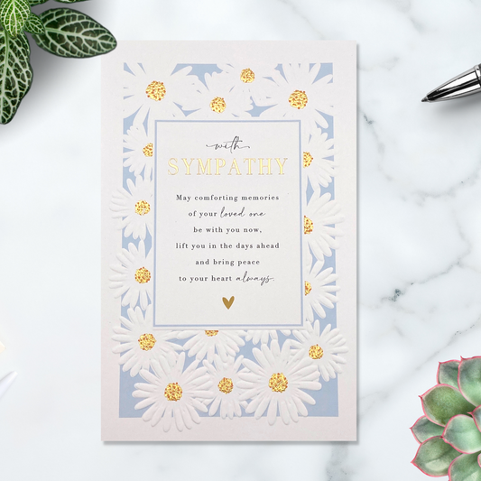 Daisy border with gold foil centres, and verse with blue background design