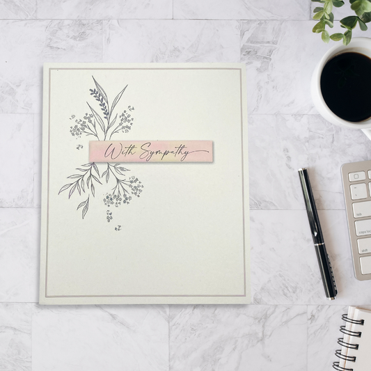 Square card with pink embossed design, script font and elegant drawn foliage