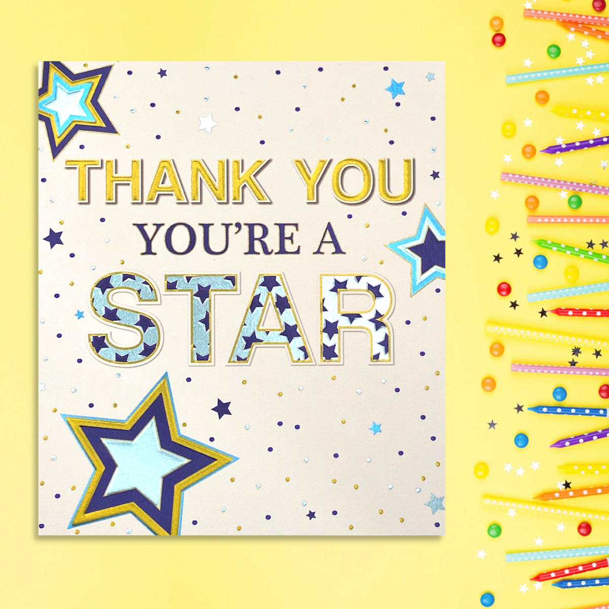 Thank you card with blue and gold stars