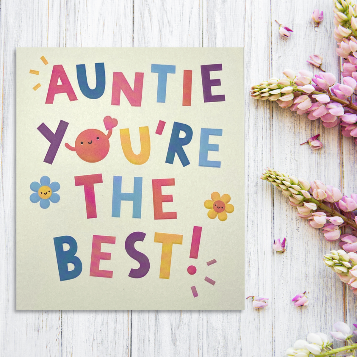 square card with bright colour text and flowers