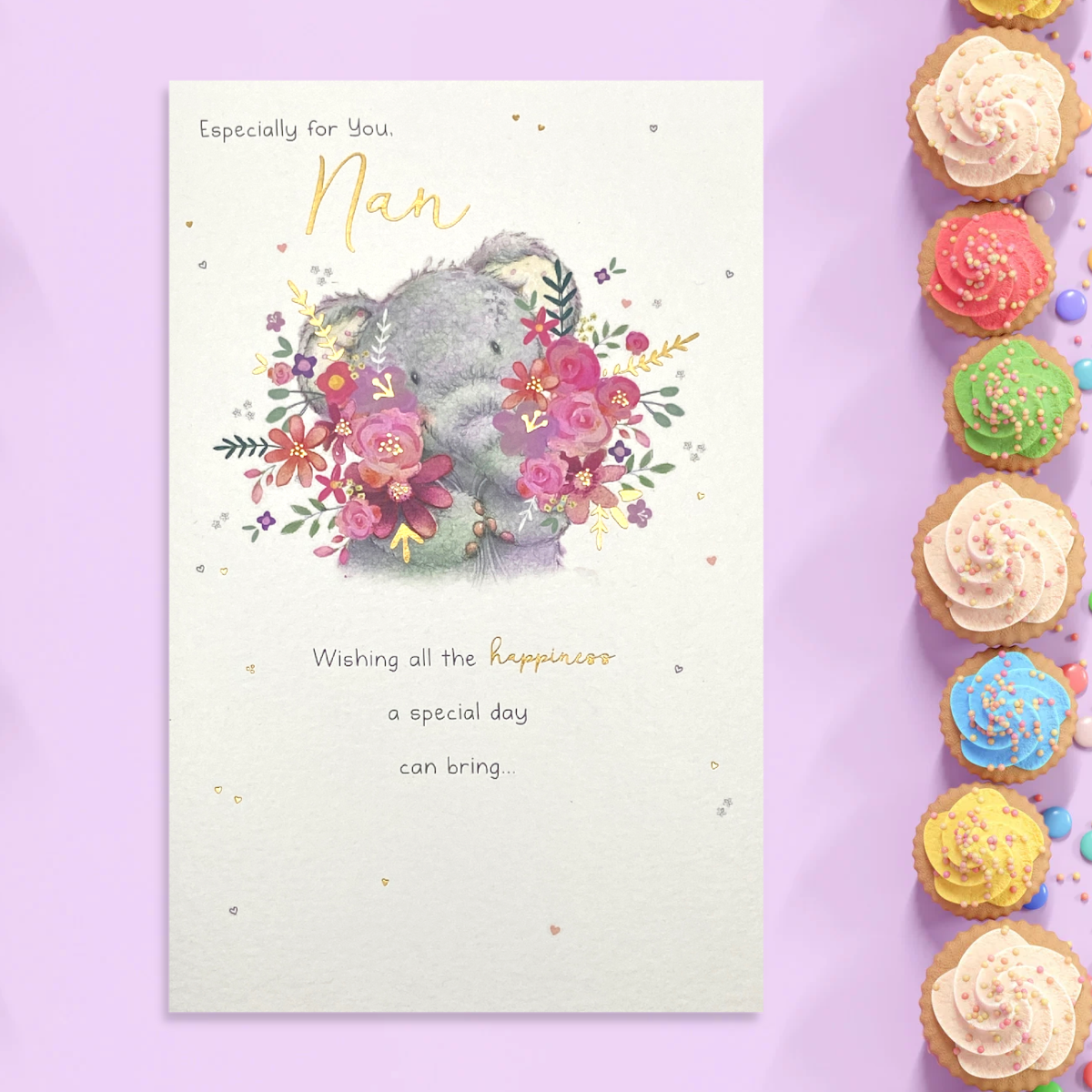 Cute elephant with bunch of flowers and verse