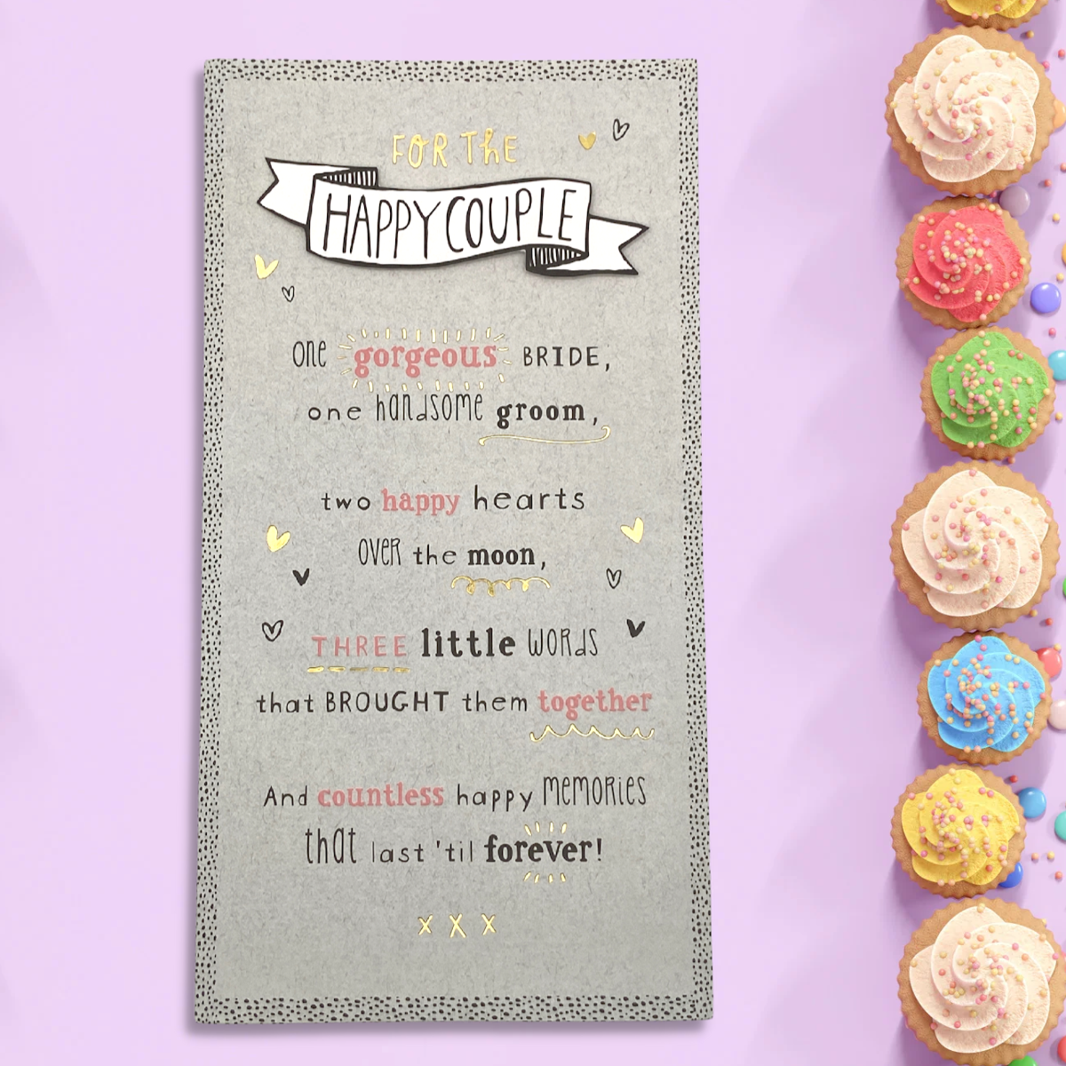 Slim grey card with dotty border and hearts with verse