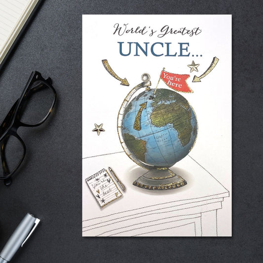 Uncle Globe Themed Birthday Card Displayed In Full