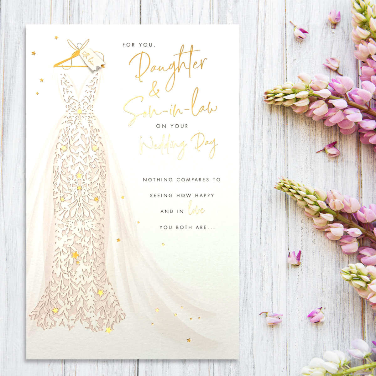 Pretty lace dress design with gold text and verse