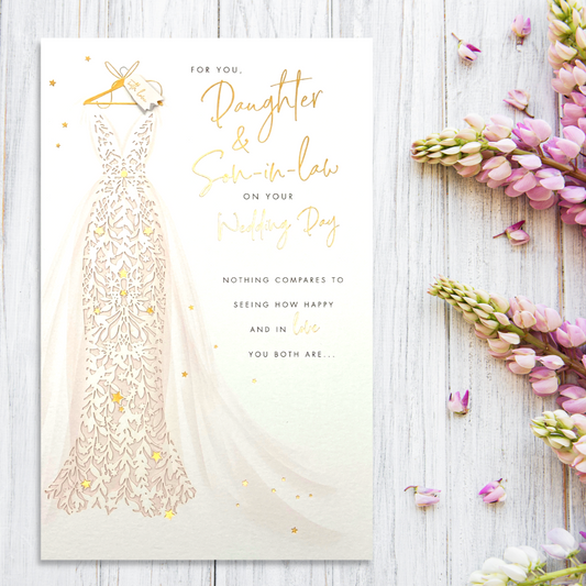 Pretty lace dress design with gold text and verse