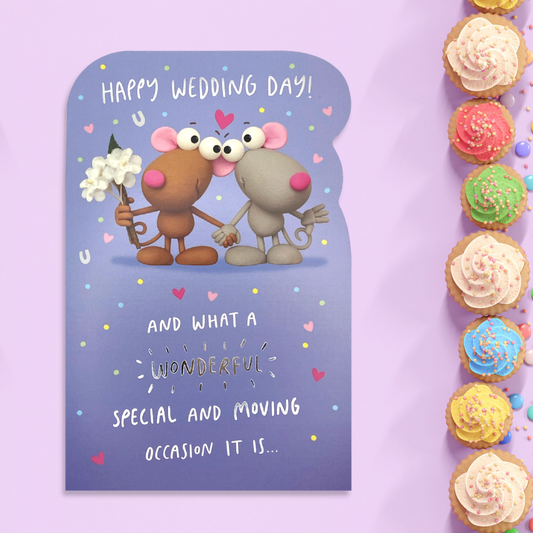 Purple die cut card with two cartoon mice getting married