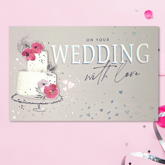 Landscape design card with cake and flowers