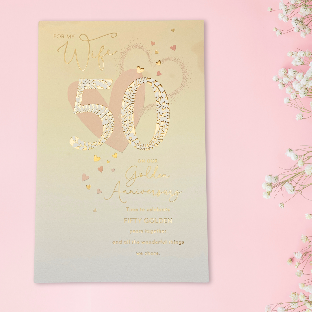 Wife Golden Wedding Anniversary Card - 50th Lace Numbers & Hearts