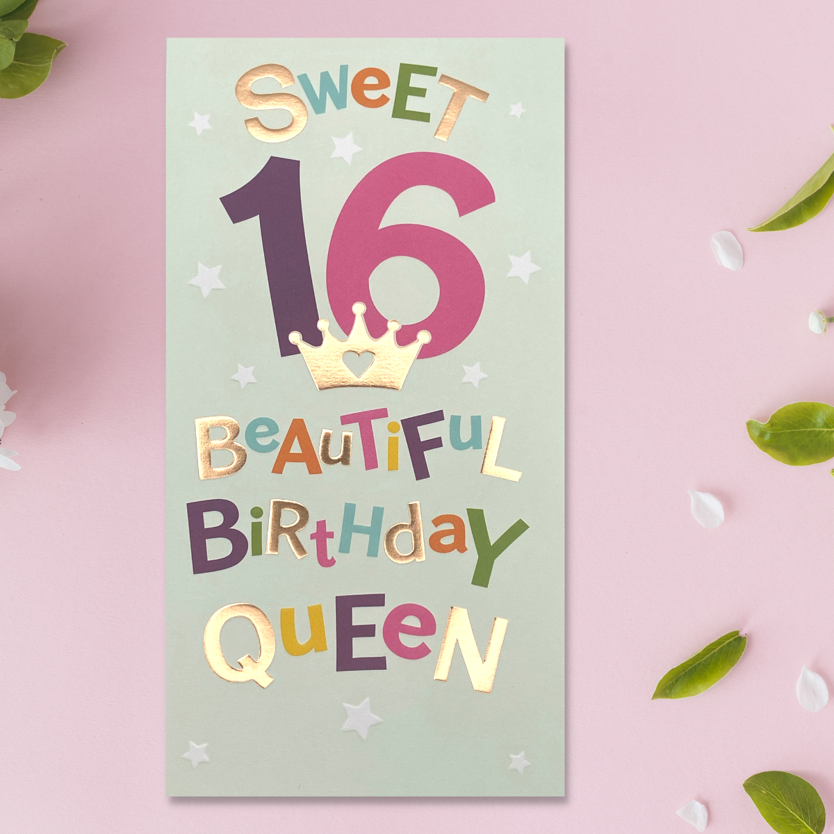 Slim card with multicolour text and rose gold crown