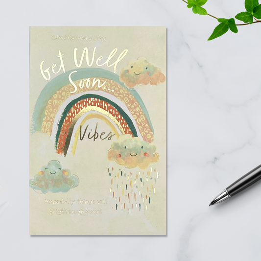 Cream card with rainbow and smiley clouds