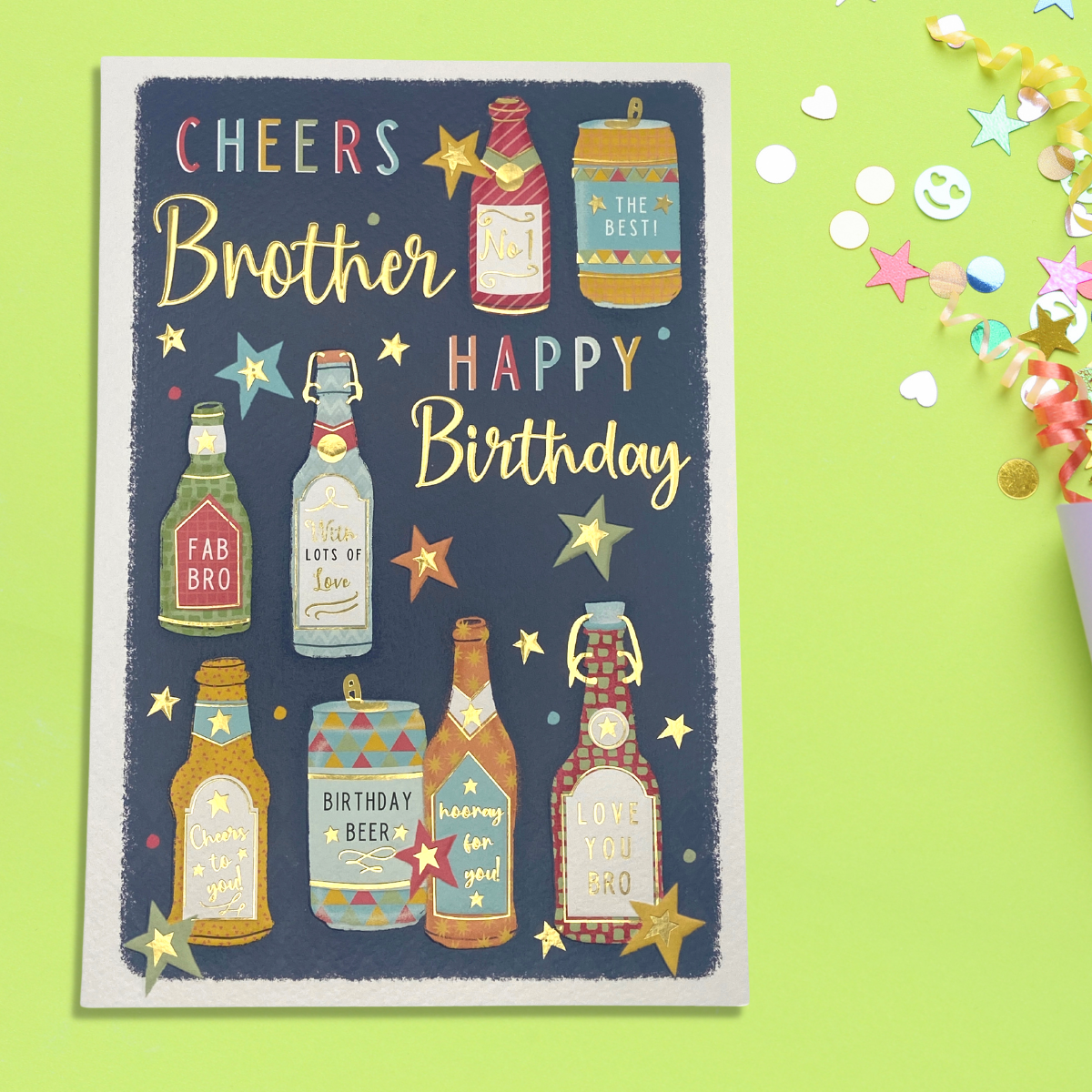 Navy card with white border, multiple beers and gold foil details