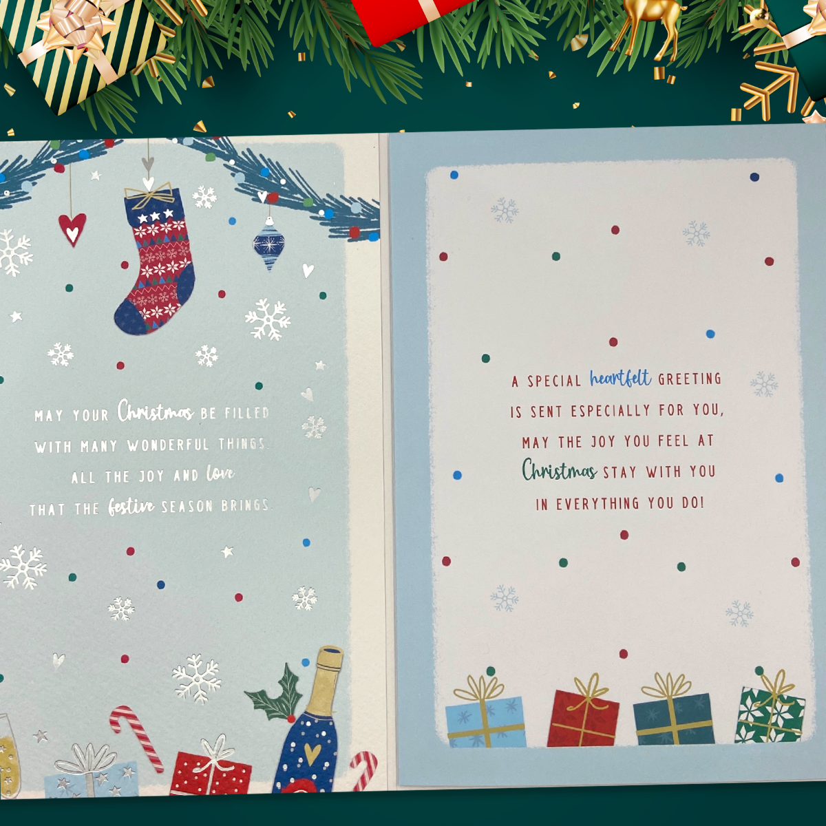 Double page colour print and verse with gifts and stockings