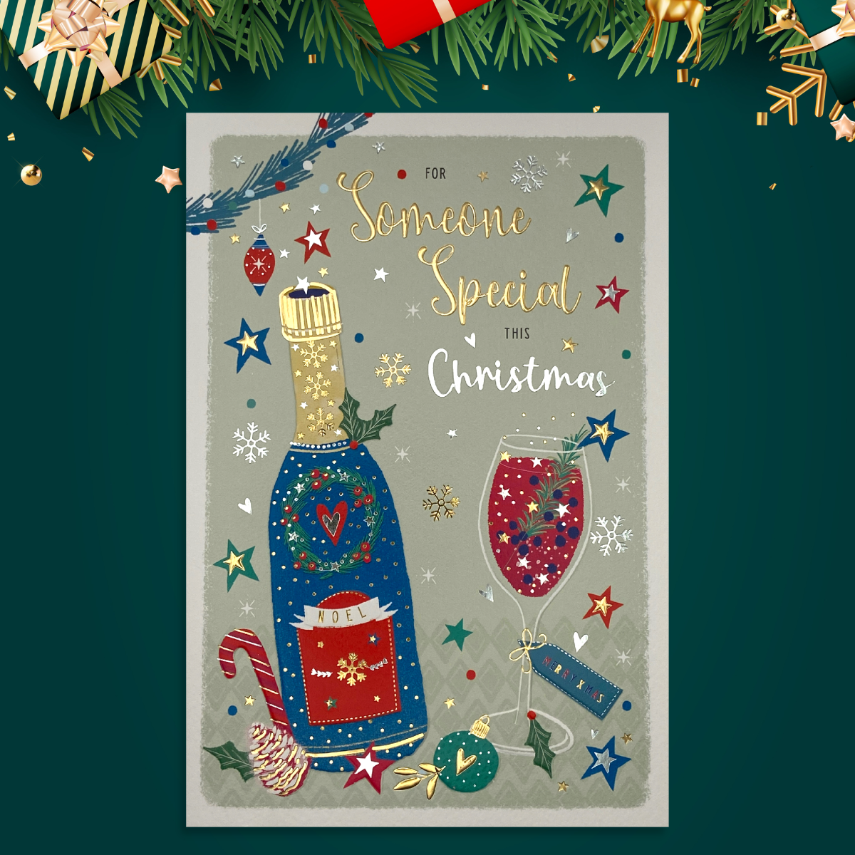 Bright and colourful christmas card with bottle of red wine and festive graphics