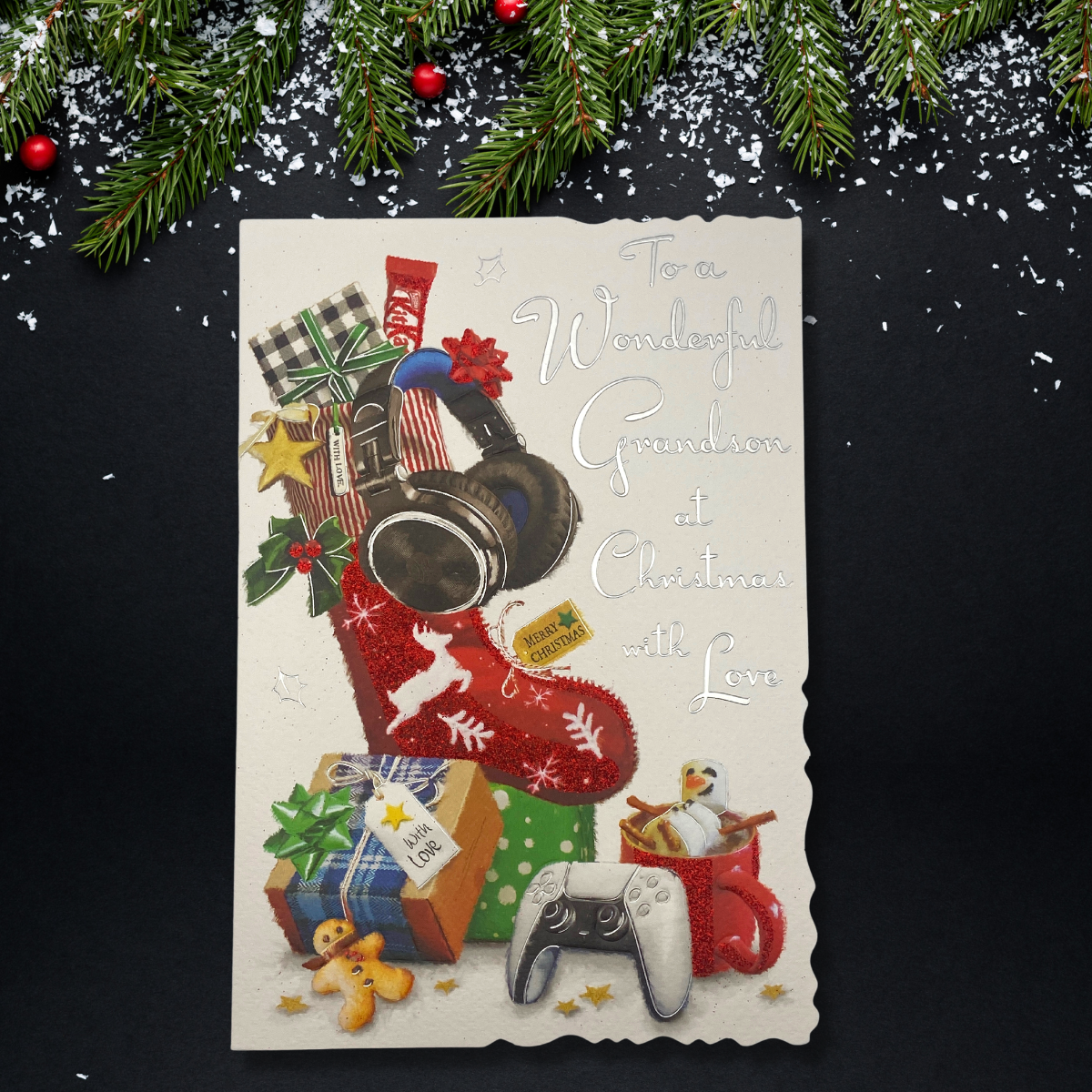 Front design showing stocking full of gifts including headphones and gaming gear