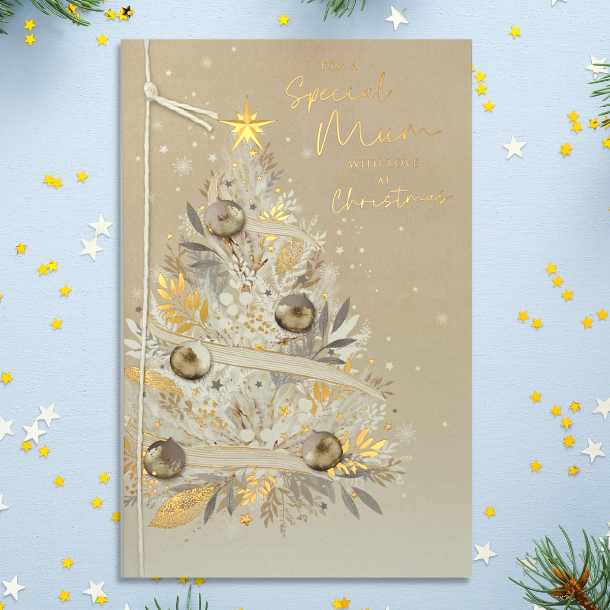 Cream and gold theme card with decorated tree