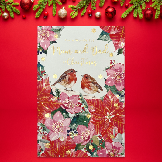 Front image with two robins on poinsettias