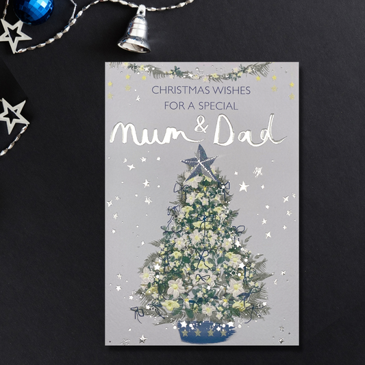 Front image with light blue card and stylish christmas tree