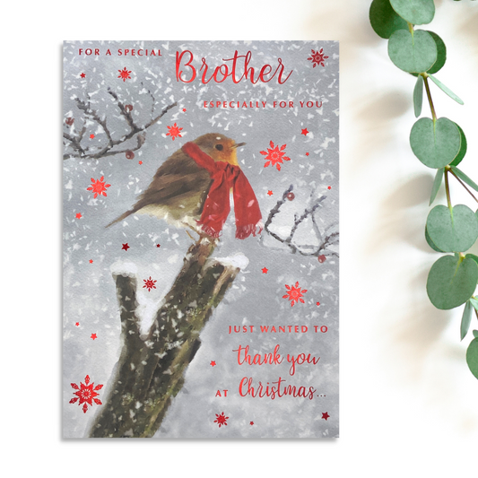 Robin perched on branch with red scarf
