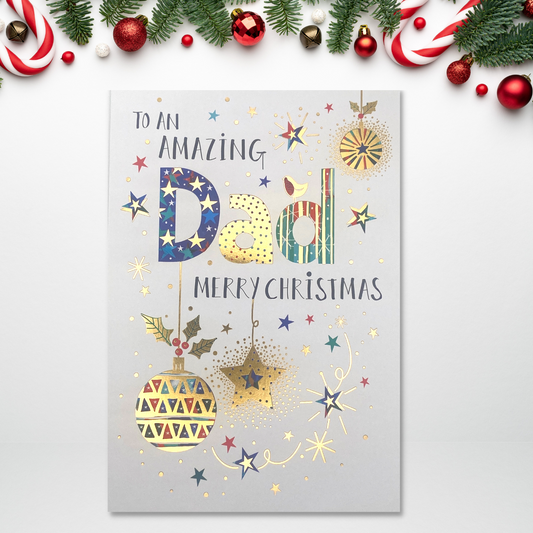 White card with bright colour text and baubles