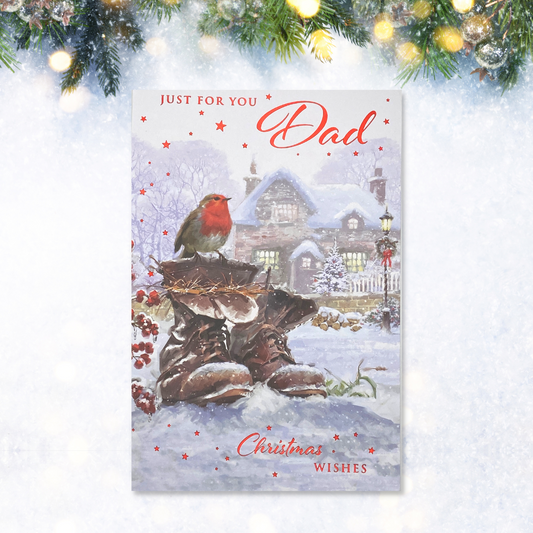 Dad card featuring robin in boots surrounded by snow and berries