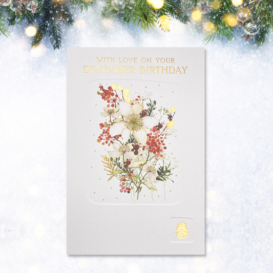 White card with embossed elements and red and white floral design with gold foil