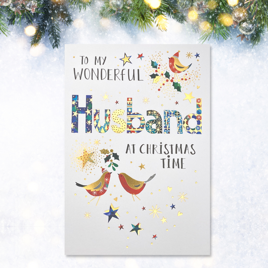 Christmas card with bright coloured text and robins with gold foil details