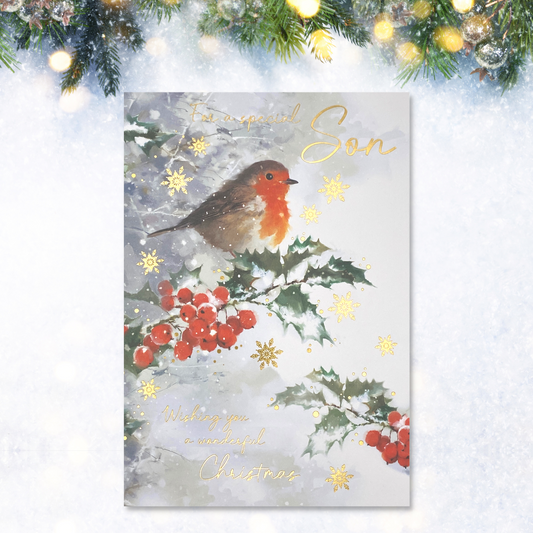Robin perched on branch in snow design