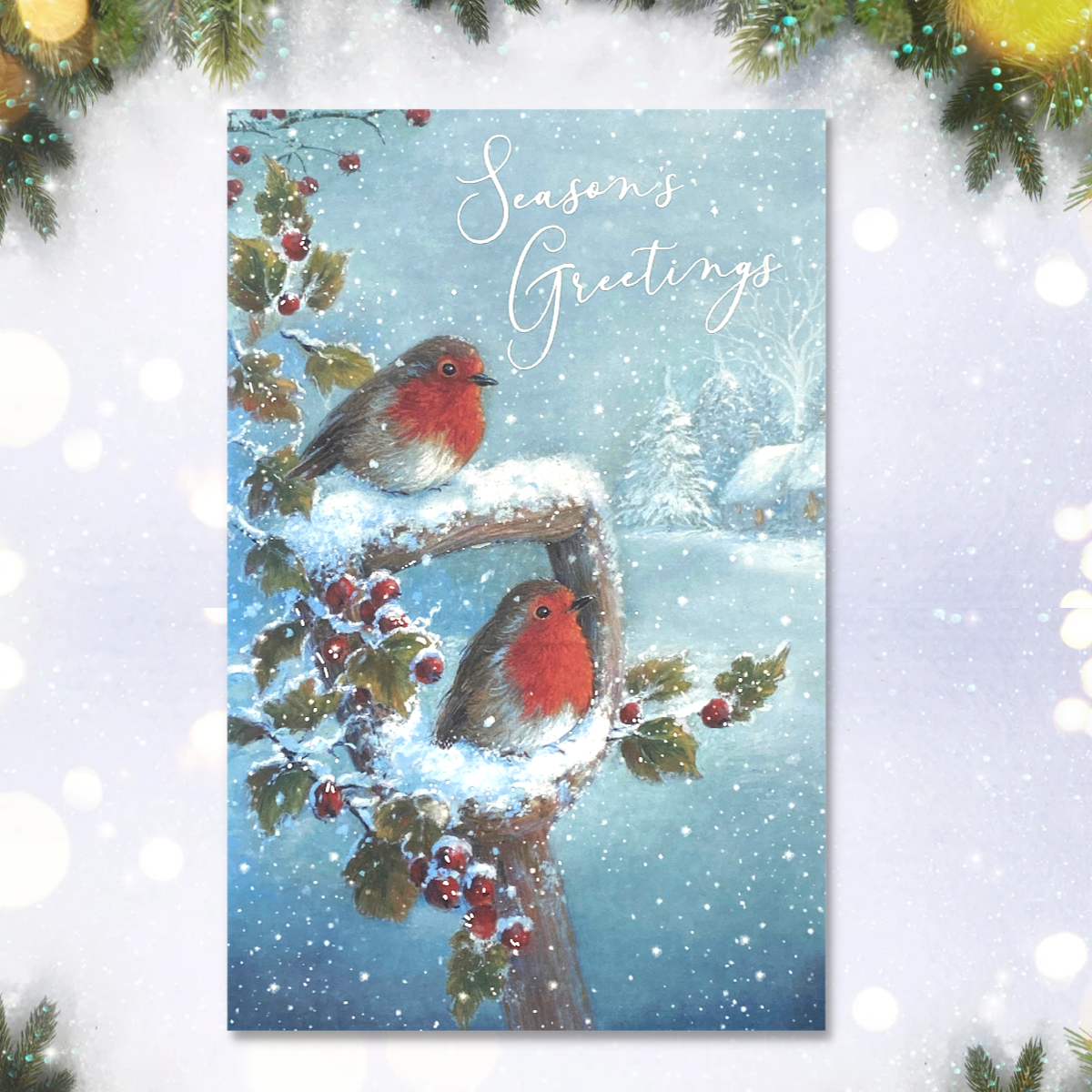 Front image with two robins in snowy garden