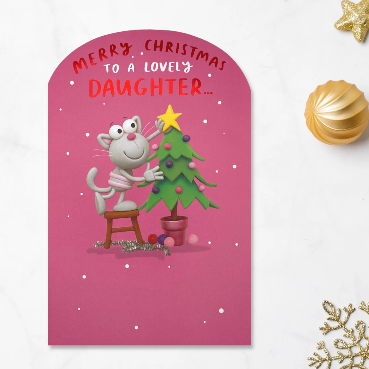 Pink card with cartoon cat and tree