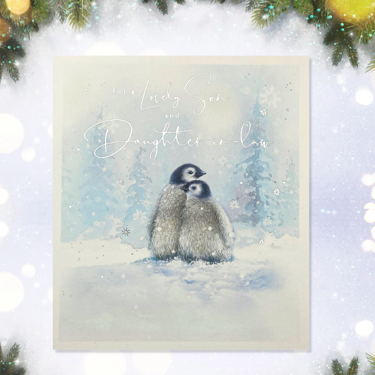 Square card with two penguins in snow scene