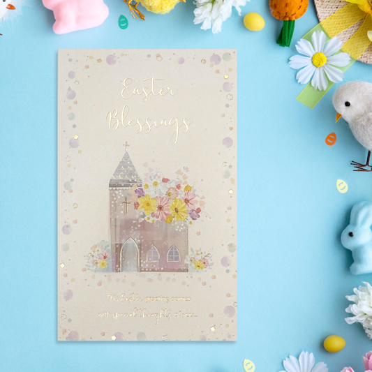 Cream card with church illustration and flowers