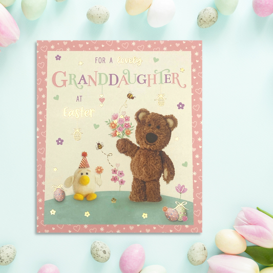 Square card with pink heart and star border, Barley bear character with flowers and eggs