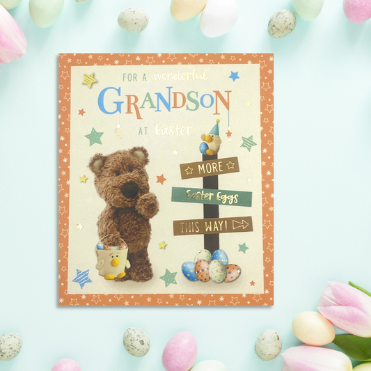 Square card with orange star border and Barley Bear character with eggs and stars