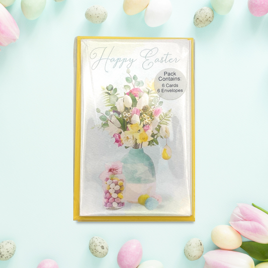 Image showing watercolour vase design with tulips and daffodils with easter eggs, with yellow envelopes